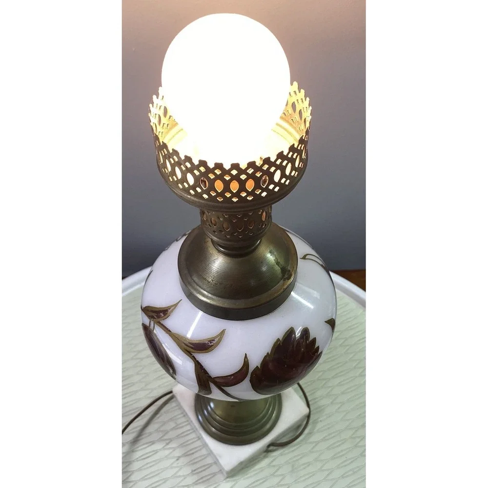 Vintage White Milk Glass&brass Desk Lamp-Hand Painted‎ Floral Marble Base 17